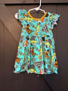 BAMBOO Teal Scooby-Doo & Monster Jam Print Dress with Yellow Trim
